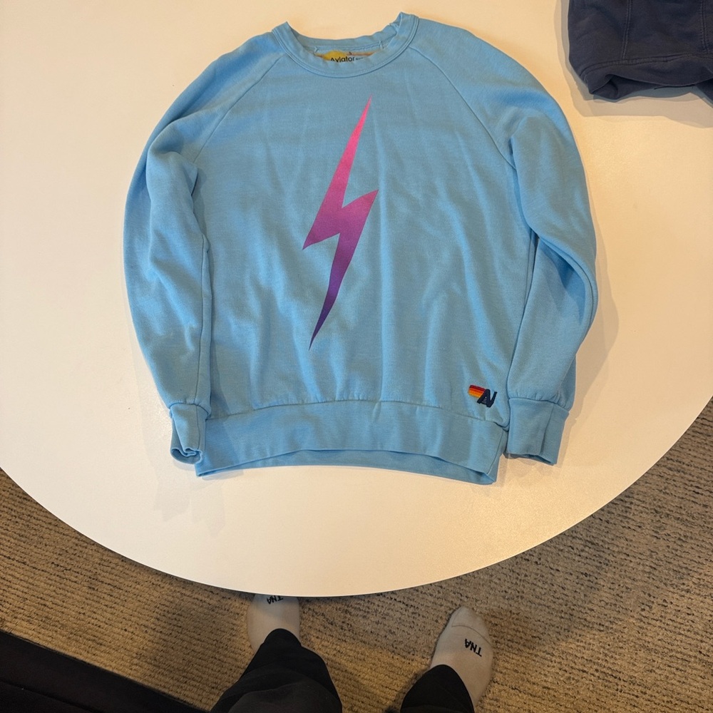 Aviator Nation Blue Sweatshirt with Pink Lightning Bolt